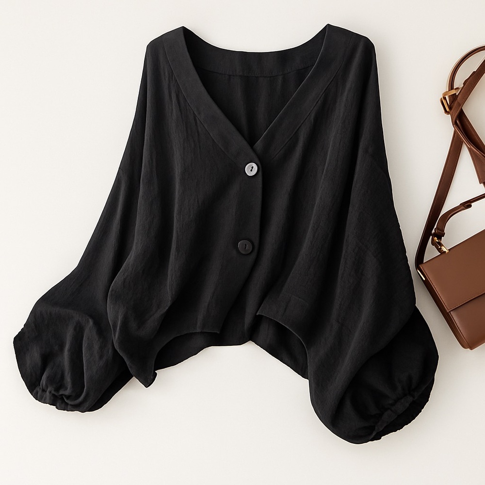 Oversized Black Linen Blouse – New, Batwing Sleeves, Button Front